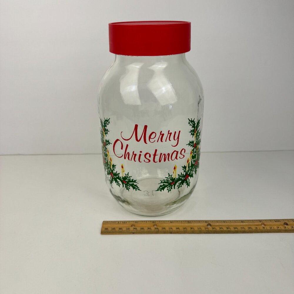 Vtg Large Carlton Glass Clear Merry Christmas Holiday 3 Liter Jar Red Screw‎ Lid